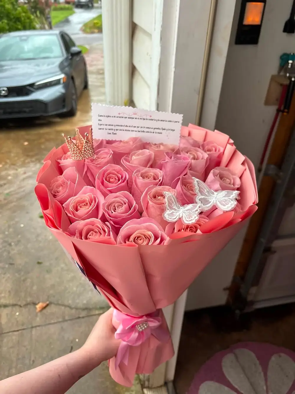 Pink and cream rose bouquet with ribbon by Petals By Emily, Easley SC